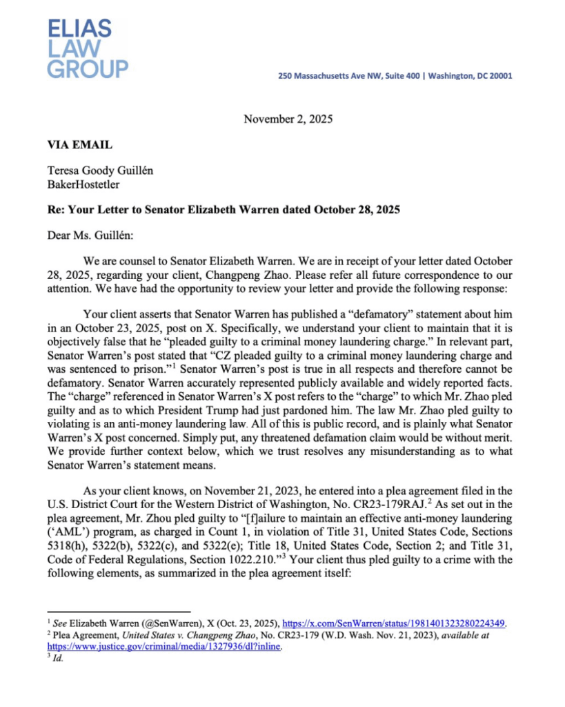 Elizabeth Warren’s Legal Team Rejects Changpeng Zhao’s Defamation Threat — Asserts Her Comments Were Based on Public Records